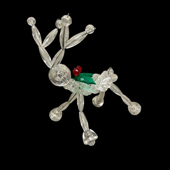 Vintage 1970s Clear Plastic Beaded Holly Berry Reindeer Christmas Ornament - Picture 1 of 4